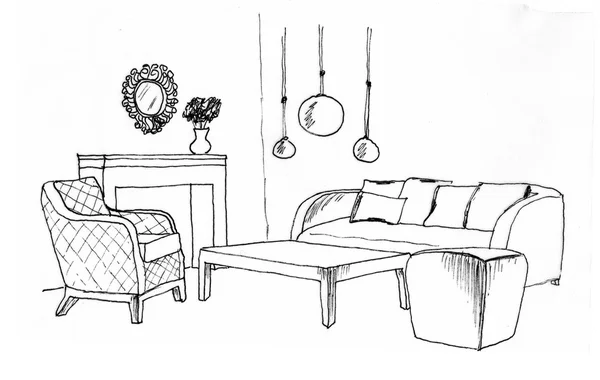 Графический эскиз интерьера гостиной, лайнер — стоковое фото