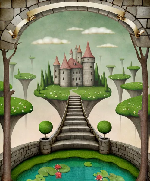 Прекрасная фея фона или иллюстрации с висячими луга и замок — стоковое фото
