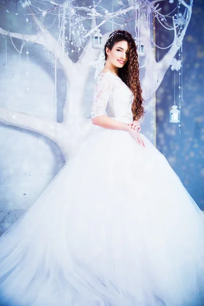 Красивая брюнетка невеста в роскошное свадебное платье в интерьер, Зимний стиль — стоковое фото