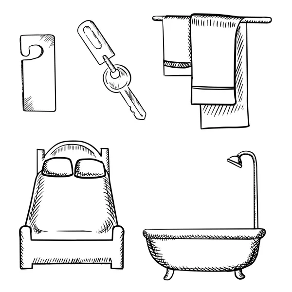 Ключ, двери бирка, кровать, ванная комната и полотенца эскиз — стоковый вектор