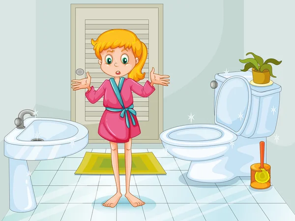 Девушка, стоя в чистой ванной комнате — стоковый вектор