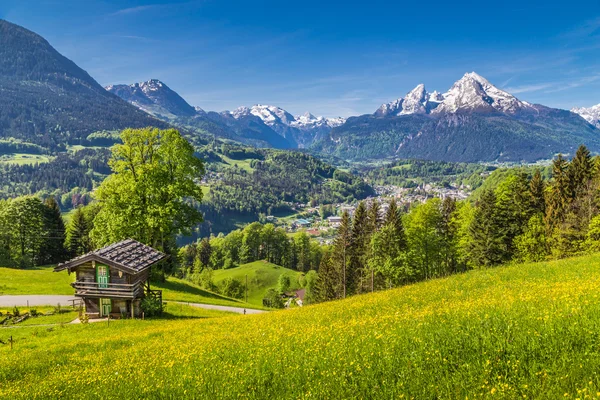Идиллический пейзаж в Альпах с традиционным горном домике в весеннее время — стоковое фото
