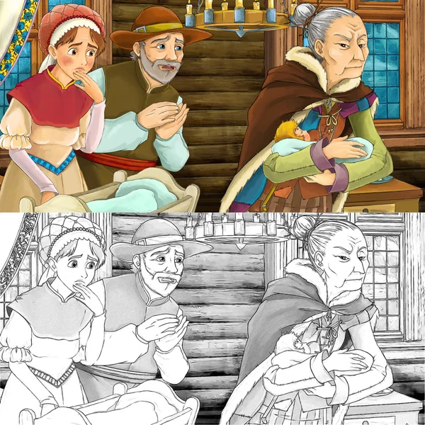 Мультфильм средневековой сцена супружеская пара с маленьким ребенком в колыбели - с дополнительной окраски страницы — стоковое фото