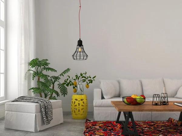 Современная гостиная с белой мебелью и черные люстры — стоковое фото