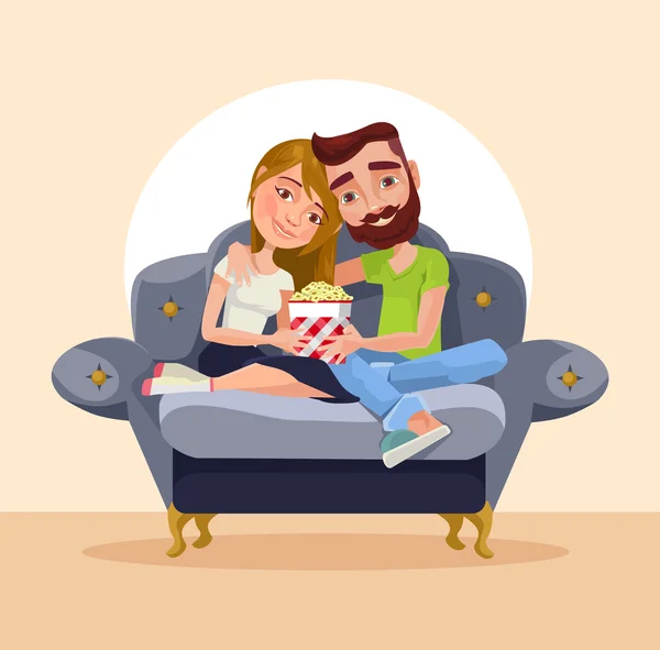 Пара дома сидит на диване. Векторная иллюстрация плоский мультфильм — стоковый вектор