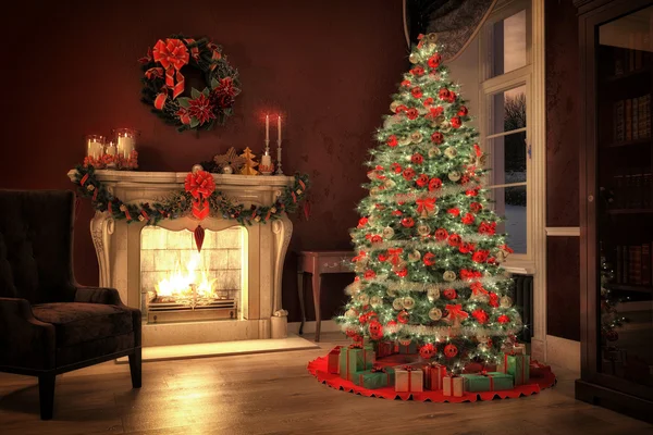 Рождественская сцена с подарками и огнем в фоне. 3-е предоставление — стоковое фото