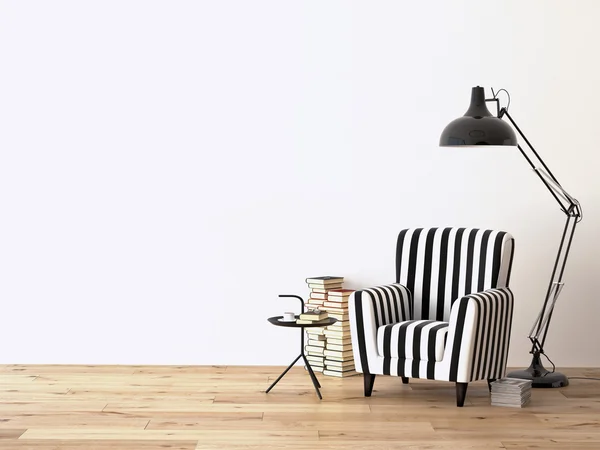 Гостиная с креслом и книг, 3d визуализация — стоковое фото