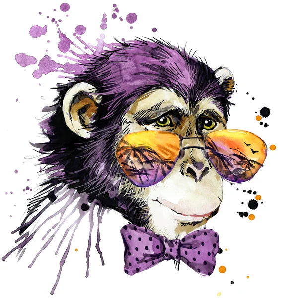 Круто обезьяна футболка графика. обезьяна иллюстрации с брызг акварель текстурированный фон. необычной иллюстрации акварель обезьяны моды печать, плакат для текстиля, дизайн одежды — стоковое фото