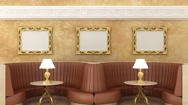 Пустой золотой рамы для картин в классическом интерьере кафе фон на декоративной стены с отделкой штукатуркой и мраморным полом. Кафе диван, стол и блеск. Копирование пространства изображения. 3D визуализации — стоковое фото