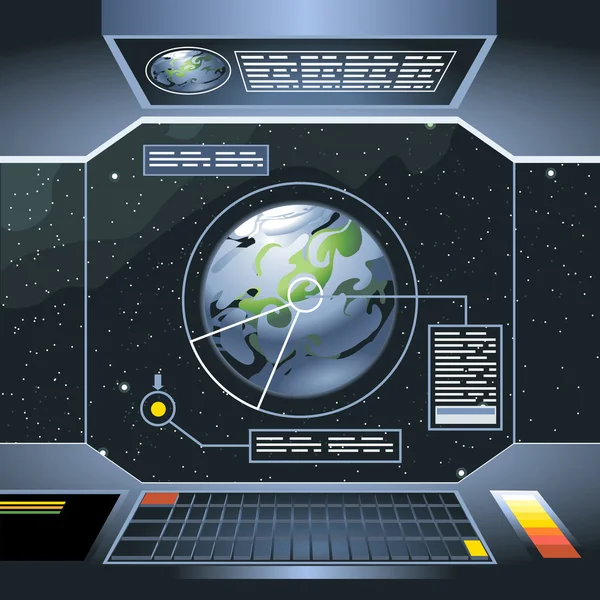 Spacecraft interior view and window to space and planet. Board with computers and screen with info analysis of the planet. Digital vector image. — стоковый вектор
