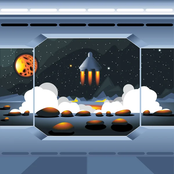 Spacecraft interior view and window to space and sun. Spaceship launch from a planet with rocks. Digital vector image. — стоковый вектор