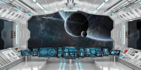 Космический корабль интерьер с видом на далеких планетах системы 3d рендера — стоковое фото