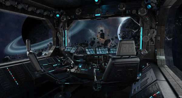 Космический корабль гранж интерьер с видом на exoplanet — стоковое фото