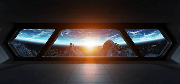 Футуристический интерьер корабля с видом на планете Земля — стоковое фото