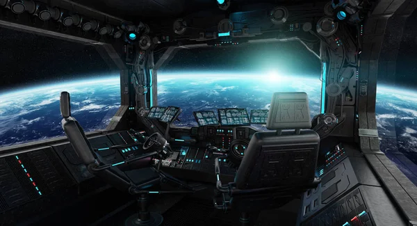 Космический корабль гранж интерьер с видом на планете Земля — стоковое фото