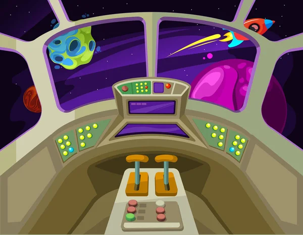 Интерьер кабины корабля мультфильм с windows в космос с чужеродных планет векторные иллюстрации — стоковый вектор