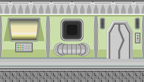 Интерьер бесшовные корабль Желтые монитора для игровой дизайн и зеленый коридор — стоковый вектор