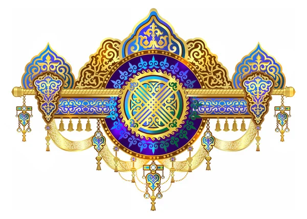 Красивый фон карты и бланк для сайтов, шикарные золотые символы казахского искусства, искусства украшения с драгоценными камнями. "Шанырак" - символ восточного народа, символом процветания, си