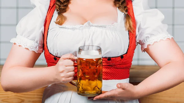 Cropped Image Oktoberfest Waitress Traditional German Dress Holding Mug Light — стоковое фото