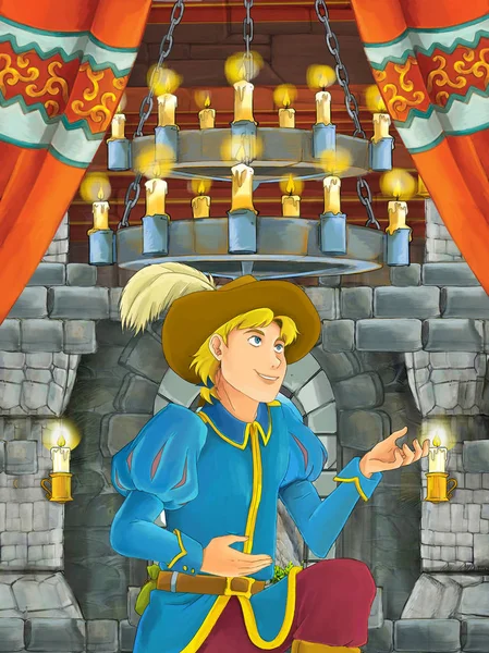 Happy Cartoon Scene Prince King Castle Room Illustration Children — стоковое фото