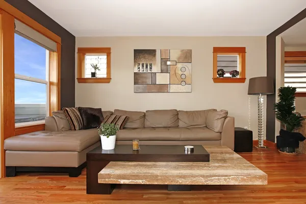 Современный интерьер гостиной с кожаным диваном — стоковое фото