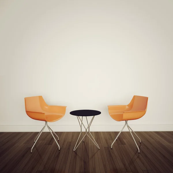 Минимальный современный интерьер с камином два кресла — стоковое фото