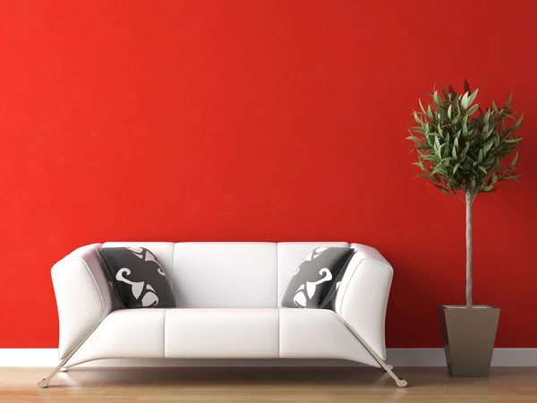 Дизайн интерьера белого дивана на красной стене — стоковое фото