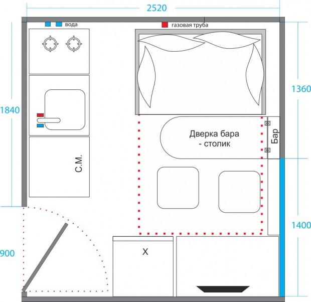 Планировка кухни с кроватью №1