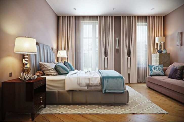 Дизайн, интерьер и зонирование спальни с двумя окнами
